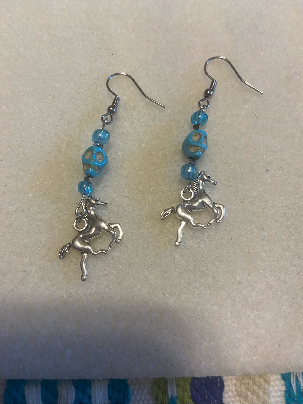 Turquoise Blue Bead & Silver Unicorn Dangle Earrings